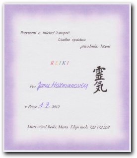 Certifikát Reiki druhý stupeň
