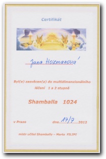 Certifikát Shamballa 1024 první a druhý stupeň